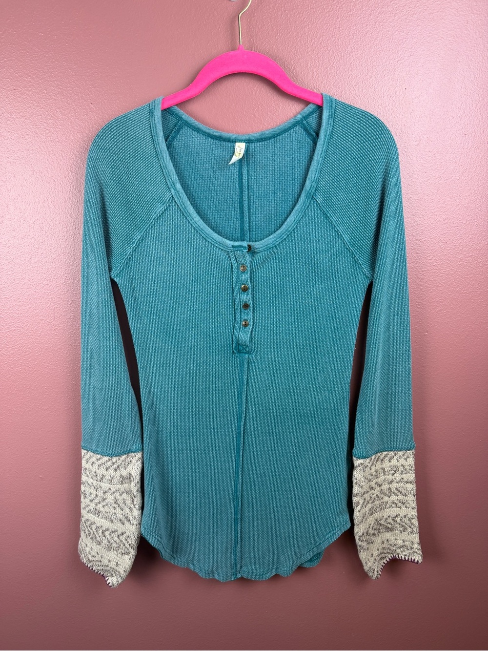 Free People Teal Thermal Henley Top with Patterned Sweater Knit Cuffs Medium